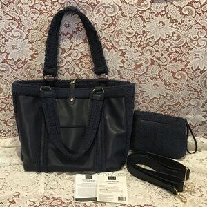 G.I.L.I. Navy Reversible Sherpa/Faux Leather Shoulder Tote Bag w/ BONUS Clutch